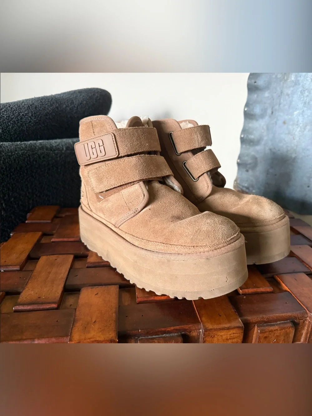 UGG Platform Suede Shearling Ankle Boots Chestnut
